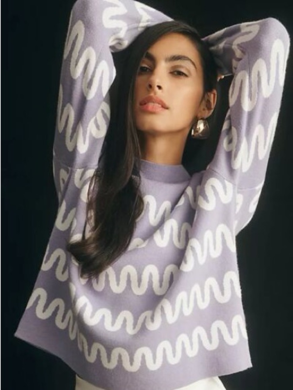 Anthropologie Lavender and White Wave Crewneck Sweater